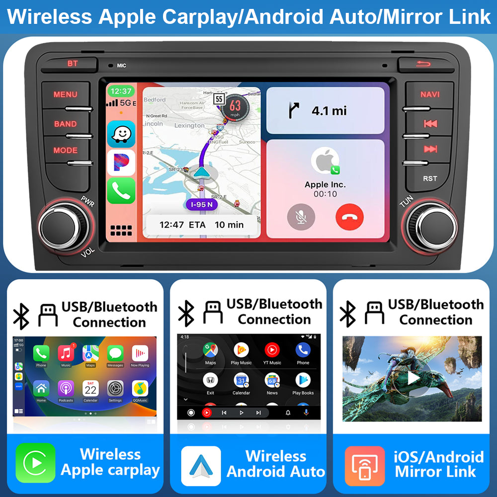 7" Android13 Car Wireless Carplay Android Auto Radio+Cam+Dvr for Audi A3 2003-12