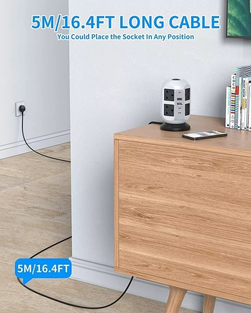 Tower Extension Lead 8 Socket + USB C with Indicator & Surge Protection 5Mt Wire