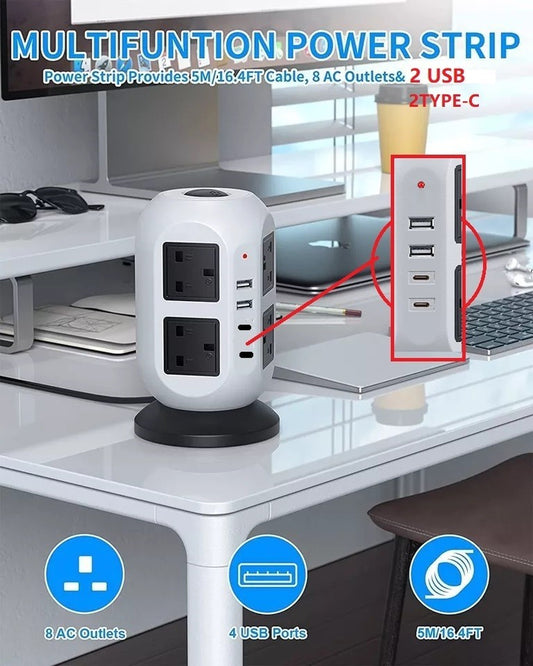Tower Extension Lead 8 Socket + USB C with Indicator & Surge Protection 5Mt Wire