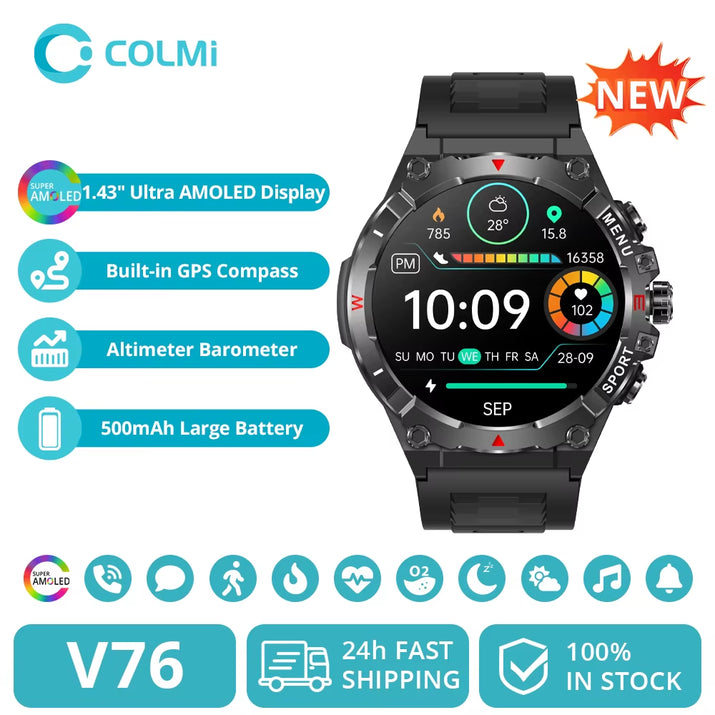 2025  V76 GPS Smartwatch 1.43" Ultra AMOLED Display Built-In Compass Altimeter Bluetooth Call Smart Watch 500Mah Battery