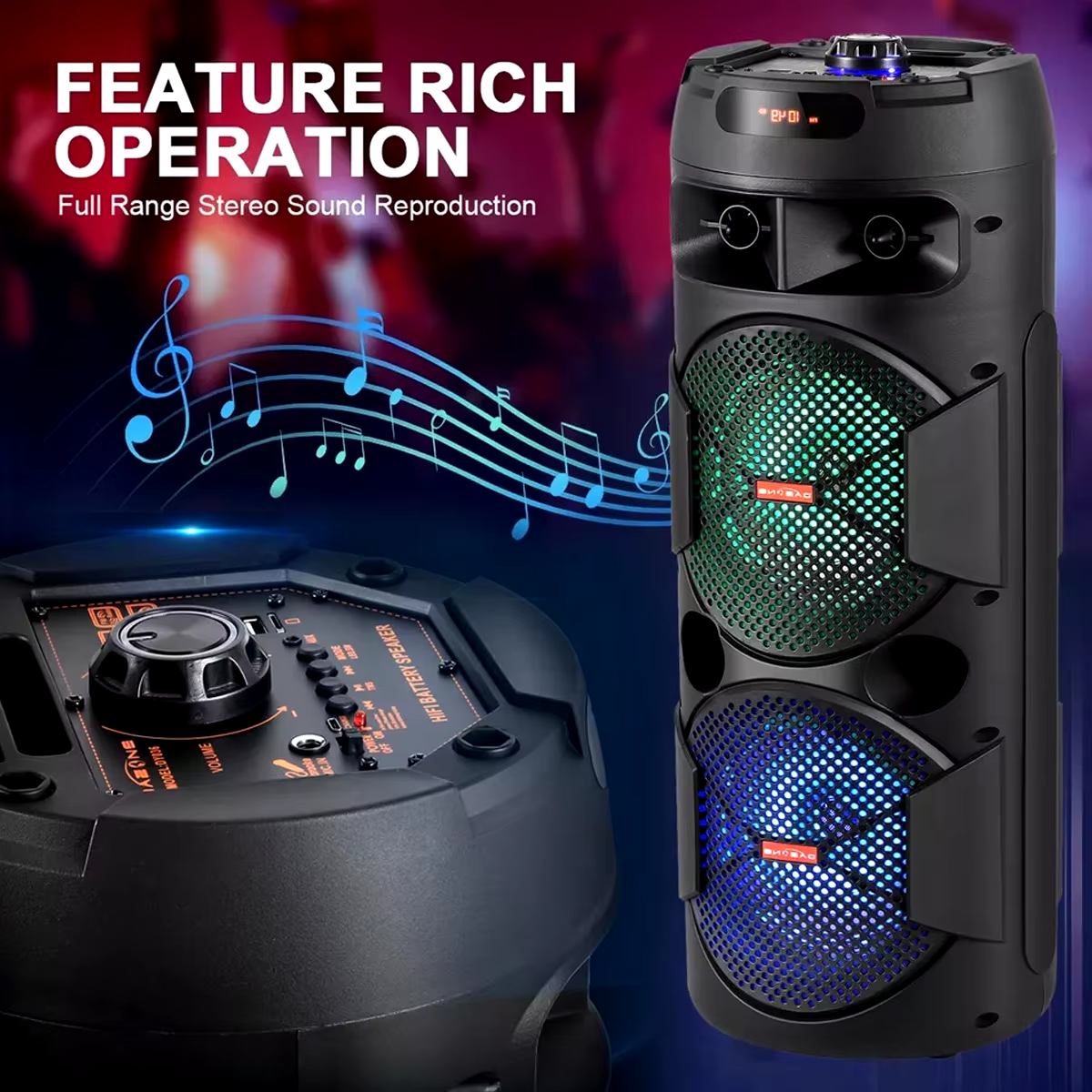 Dual 8' Woofer Portable Wireless Speaker with LED Light, Mic, Bass Stereo Sound Home Audio System Built-In Rechargable Battery